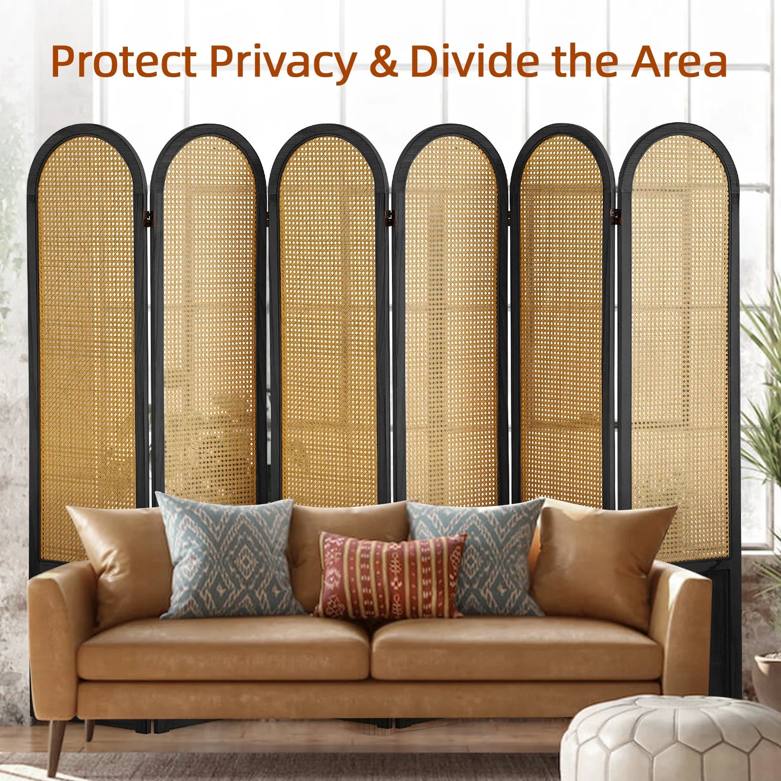 Aletheiawu 6 Panel Rattan Room Divider and Folding Privacy Screens, No Installation Required, Black