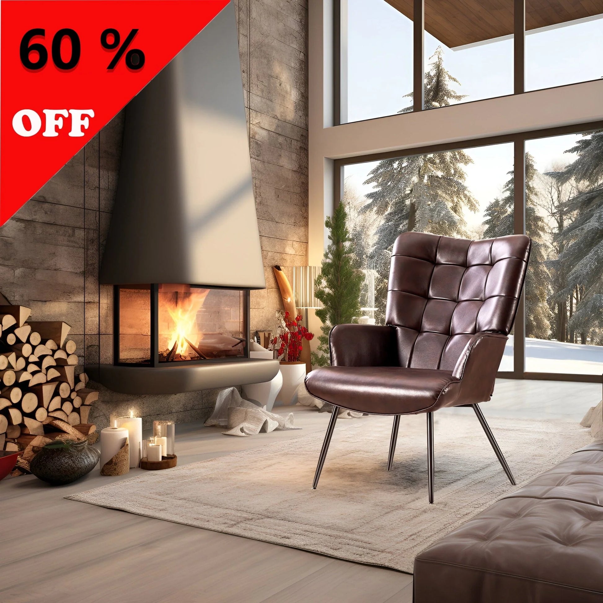 Unikome Livingroom Chairs Mid-Century Modern Accent Chair, Faux Leather Wingback Accent Chair PU Leather Accent Chair for Home Office/Living Room/Bedroom, Brown