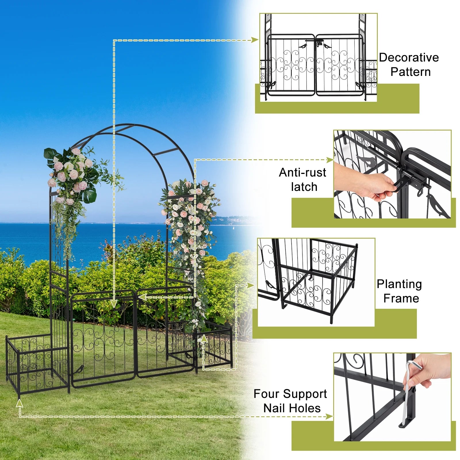 Zimtown Metal Garden Arch 7 Ft Garden Arbor w/Planters for Climbing Plant Outdoor Wedding