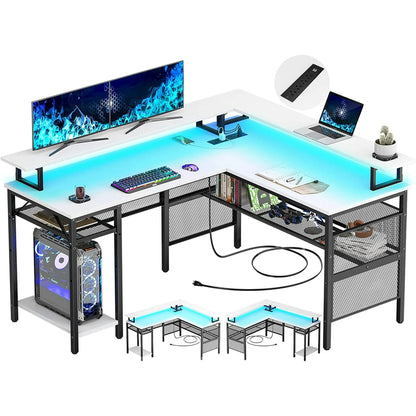 Homieasy L Shaped Desk with Power Outlets and LED Light, 55 inch Reversible L-Shaped Gaming Desk with Monitor Stand, Ergonomic Corner Computer Desk with Storage Shelf for Home Office, Rustic Brown