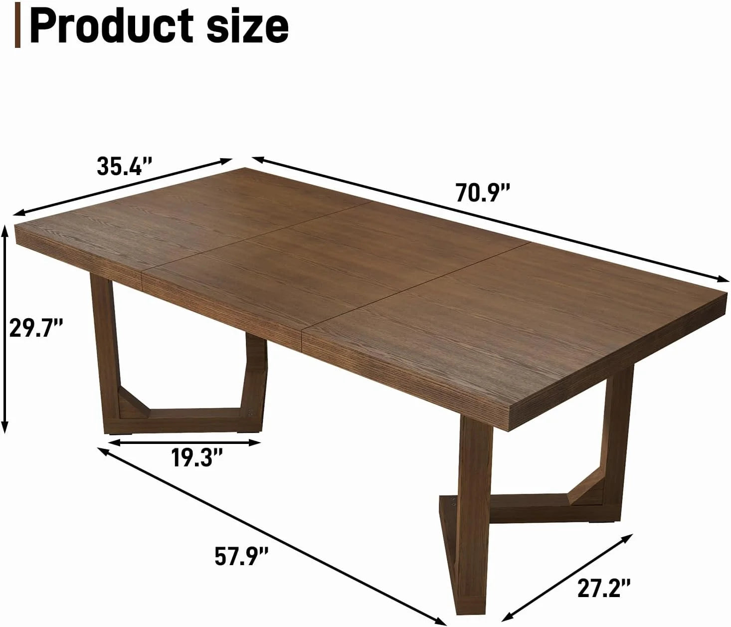 70 Inch Solid Wood Dining Table for 6-8 People, Modern Farmhouse Kitchen Table Rectangular Table for Dining Room, Home Office, Living Room