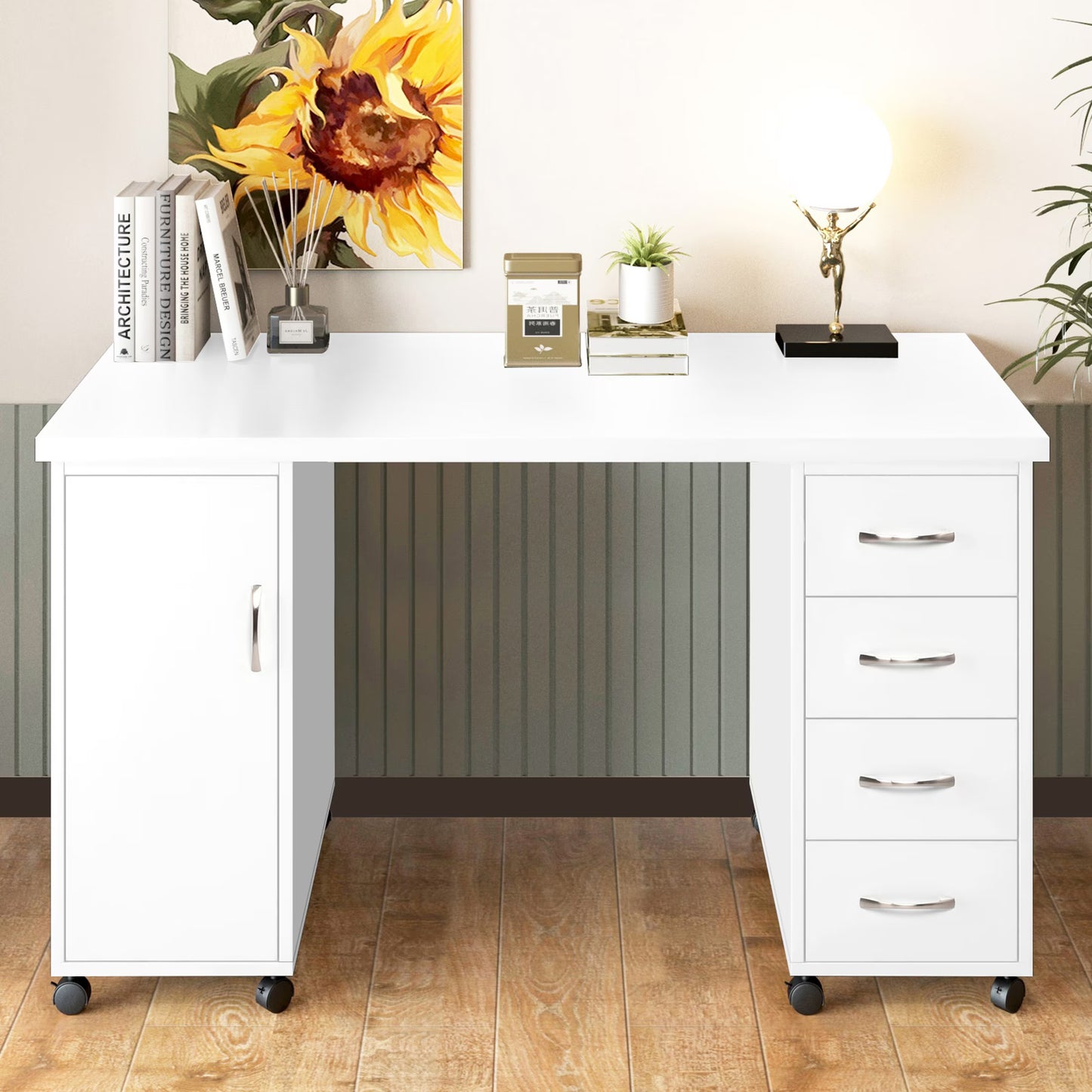 Sesslife White Computer Desk, Writing Desk with Lockable WheelsModern Wood Study Desk with 4 Drawers for Home Office Workstation