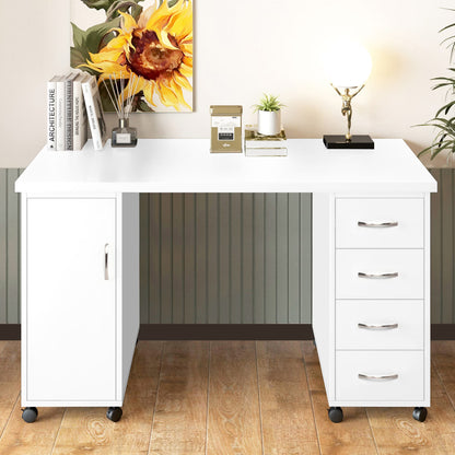 Sesslife White Computer Desk, Writing Desk with Lockable WheelsModern Wood Study Desk with 4 Drawers for Home Office Workstation