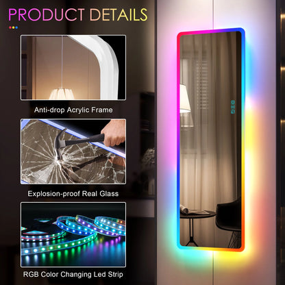 LVSOMT 47"x16" Full Length Mirror with Lights, RGB Color Changing Lighted Mirror, Wall Mounted Full Body Mirror, Over The Door Hanging Mirror, 14 LED Light + Dimmable Brightness + Adjustable Speed