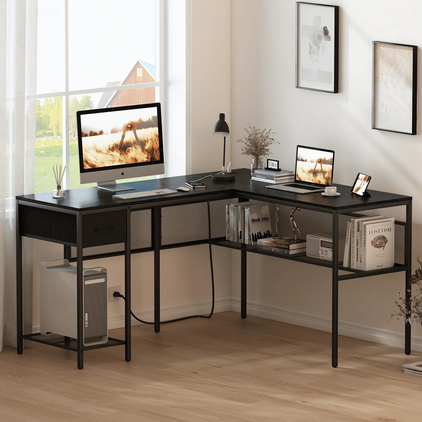 SUPERJARE L Shaped Desk with Power Outlets, Reversible Computer Desk with Storage Shelves & Drawer, Corner Laptops Home Office Desk, Workstation, Black