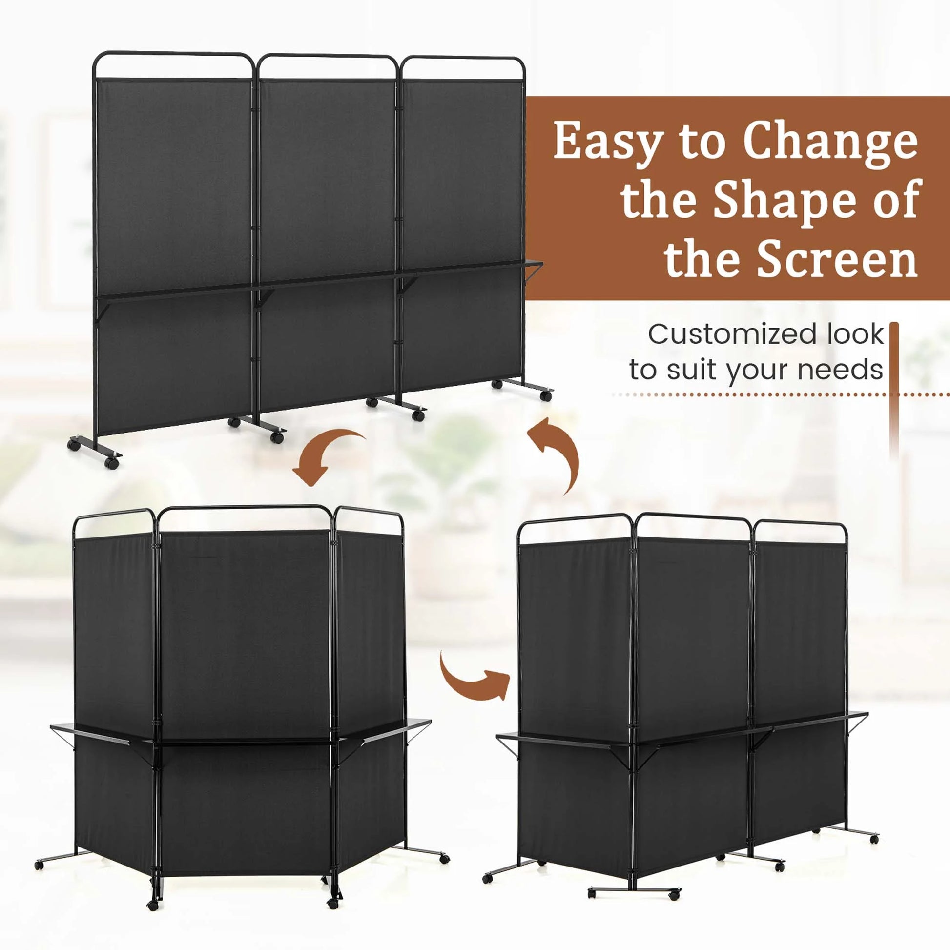 Costway 3-Panel Room Divider with Storage Shelves 6FT Tall Folding Privacy Screen on Wheels Black