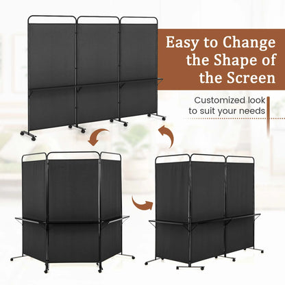 Costway 3-Panel Room Divider with Storage Shelves 6FT Tall Folding Privacy Screen on Wheels Black