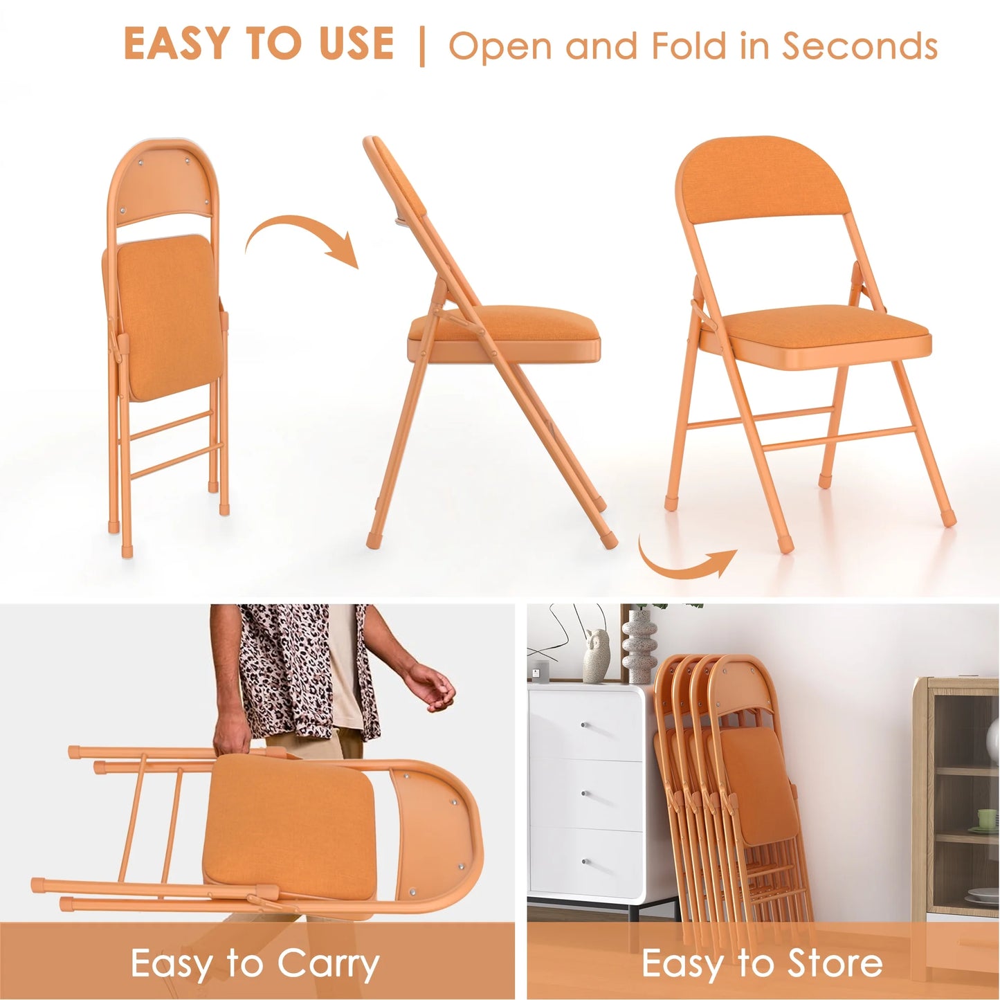 VECELO Set of 4 Folding Chairs, Fabric Dining Chair Set with Padded Cushion and Back, Indoor Outdoor Upholstered Seat with Metal Frame for Home Office Events Wedding Party, Orange