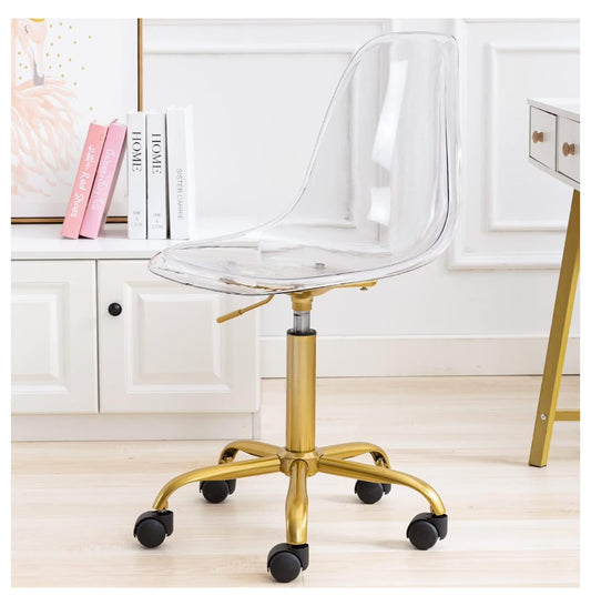 saney Clear Rolling Chair, Armless Desk Chair with Golden Feet Swivel Molded Plastic Shell Adjustable Home Office Chair with Wheels, Clear