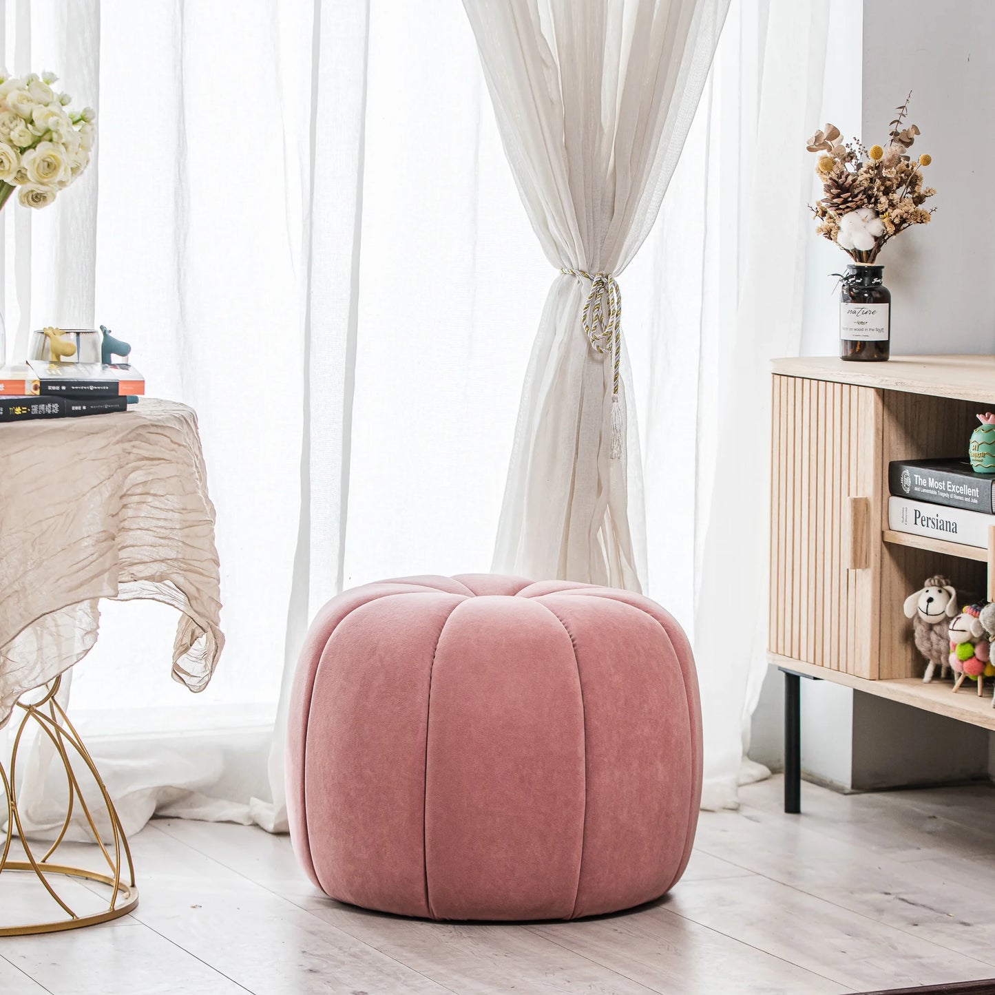 White Boucle with Stripes Pouf Vintage Style Living Room
