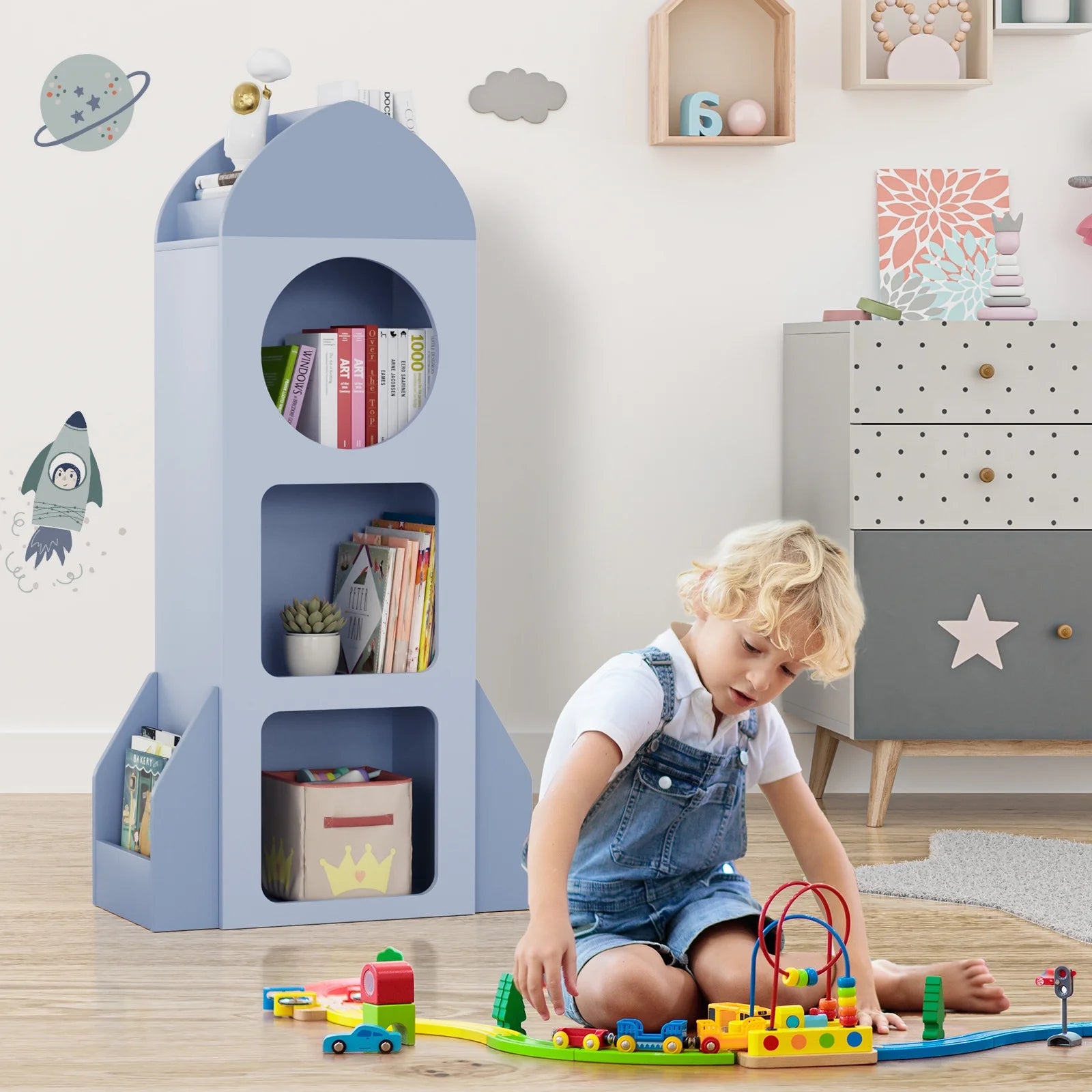 Pirecart Kids Bookshelf 3-Tier Wooden Kids Bookcase with Toy Storage for Bedroom, Playroom, Nursery, Blue