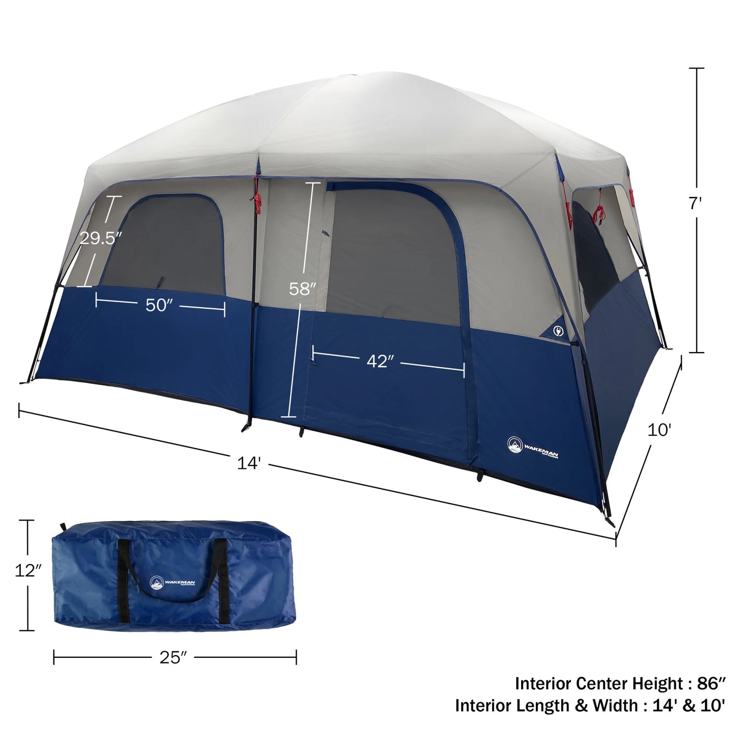 Wakeman Outdoors 10 Person Camping Tent with Room Divider and Rainfly, Navy