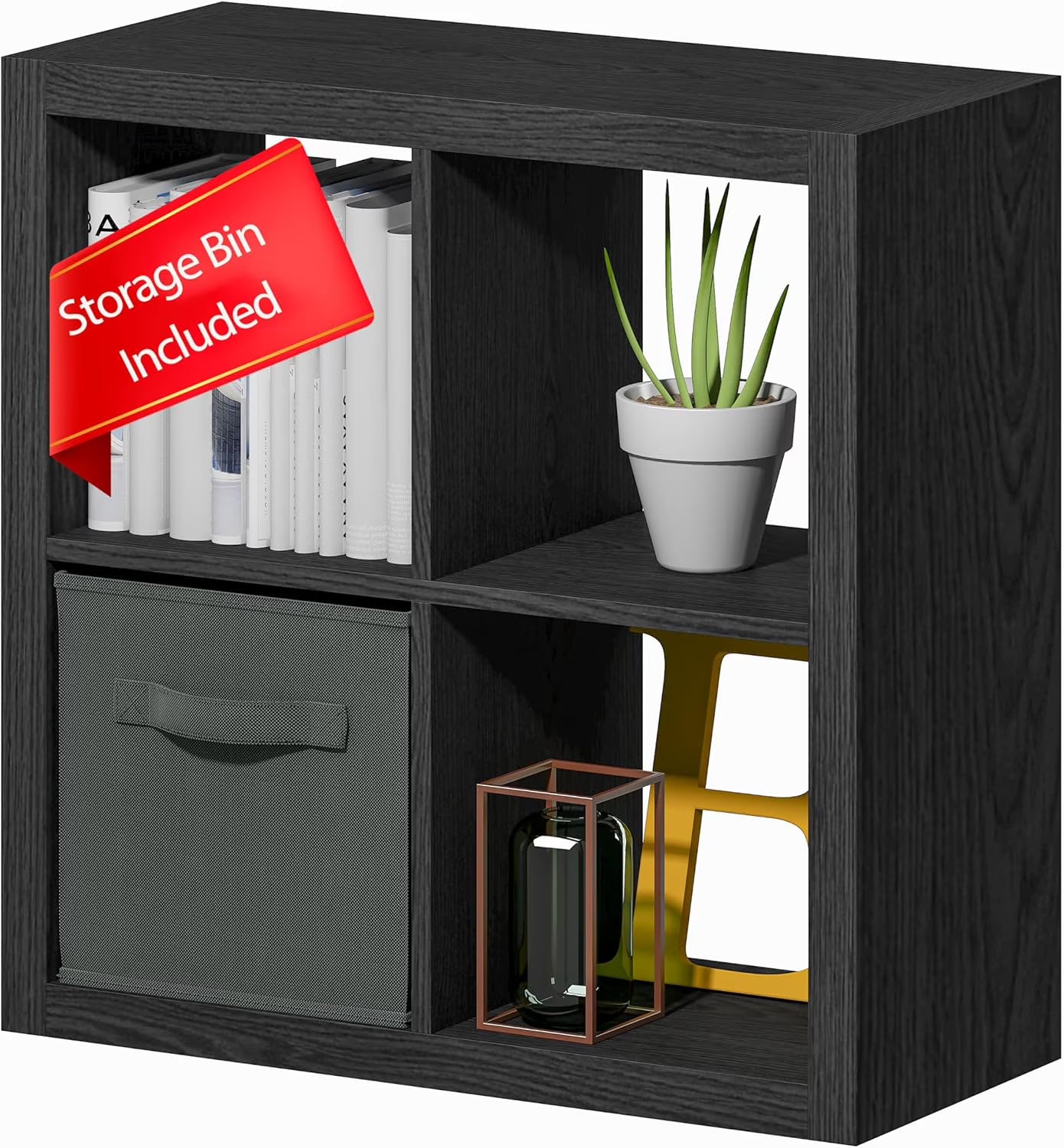 GHooa Bookshelf with Storage Bin, 4-Cube Storage Organizer, Modern Wood Open Bookcase, Multifunctional Display Shelf for Living Room, Bedroom, Home Office-4 Cube-Classic Oak