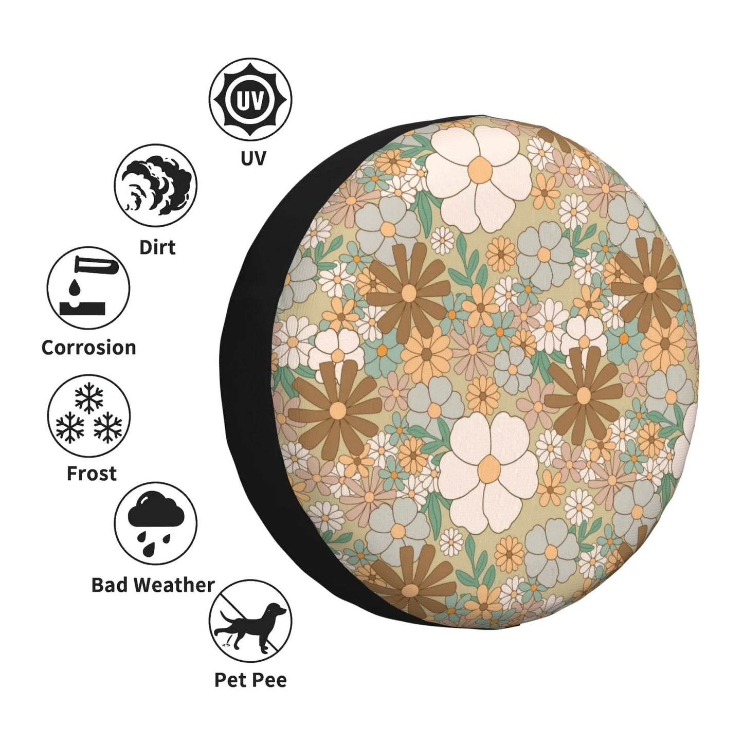 DouZhe Waterproof Spare Tire Cover, Retro Floral Flowers Design Prints Adjustable Wheel Covers Fit for Jeep Trailer RV SUV Car, 14 inch