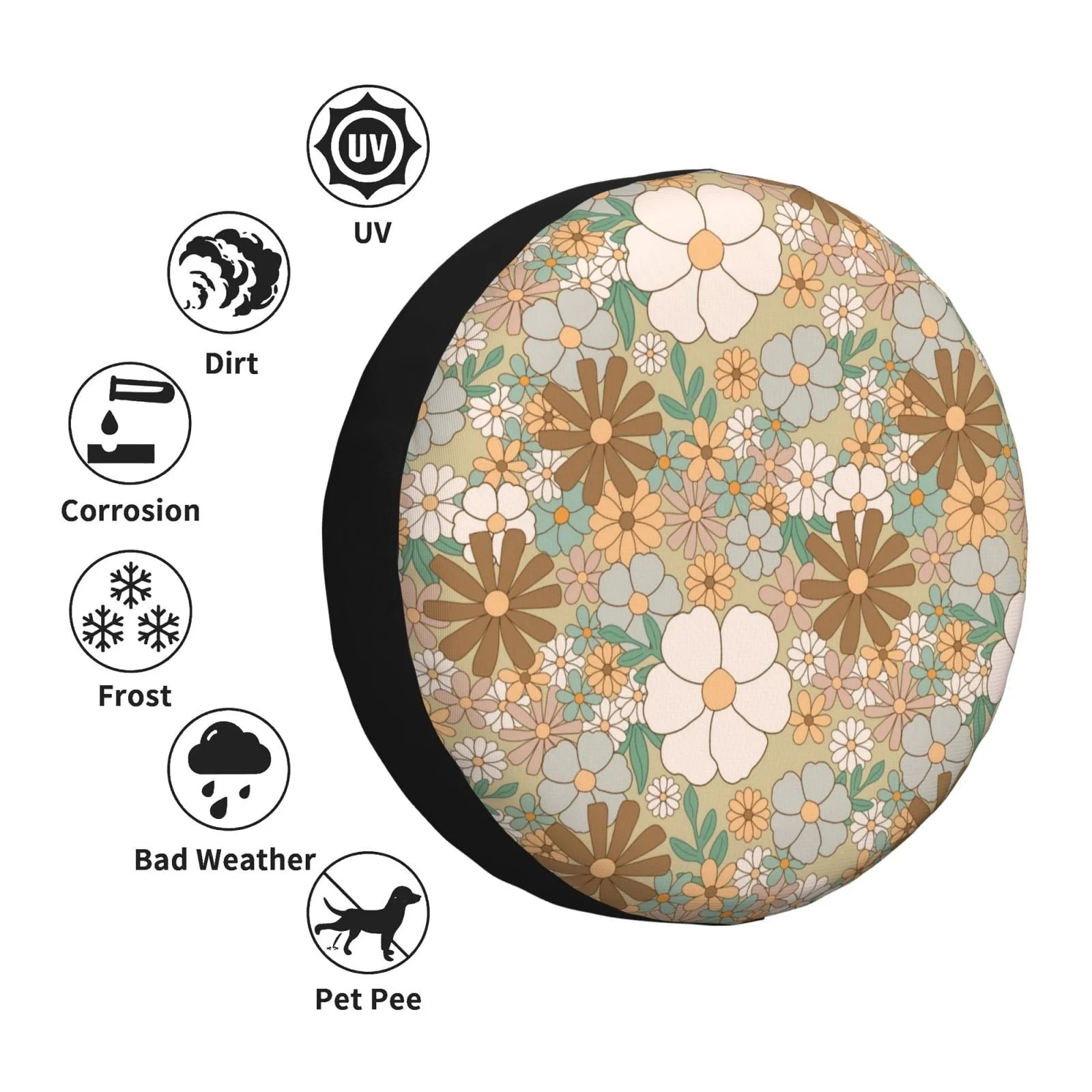 DouZhe Waterproof Spare Tire Cover, Retro Floral Flowers Design Prints Adjustable Wheel Covers Fit for Jeep Trailer RV SUV Car, 14 inch