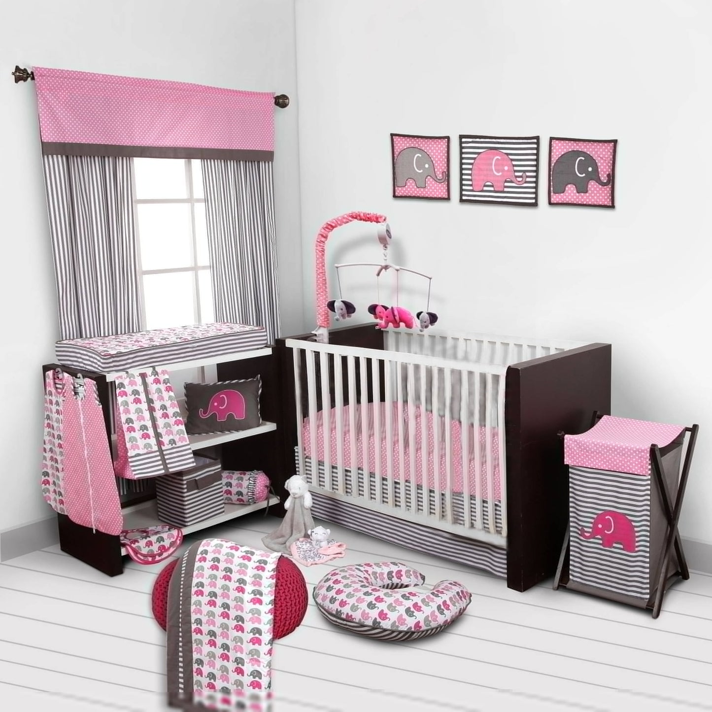 Bacati - Elephants Pink/Gray 10-Piece Nursery in a Bag Crib Bedding Set 100% Cotton Percale Girls Crib Bedding Set with 2 crib fitted sheets