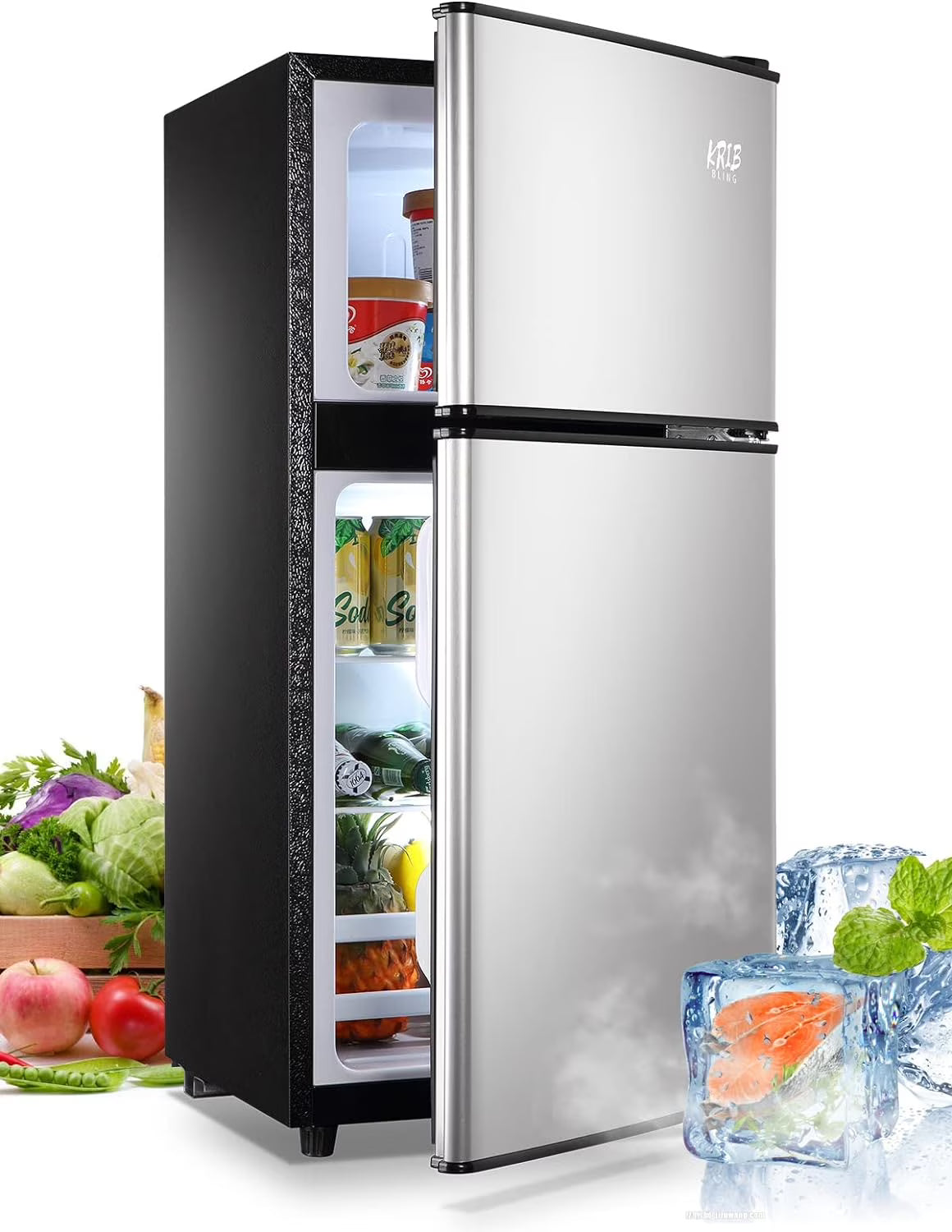 Harper & Bright Designs Double Door Mini Fridge with Freezer, 3.2 Cu.Ft Compact Refrigerator with Adjustable Shelf, Adjustable Thermostat and Reversible Door for Bedroom, Dorm, Home Office, White