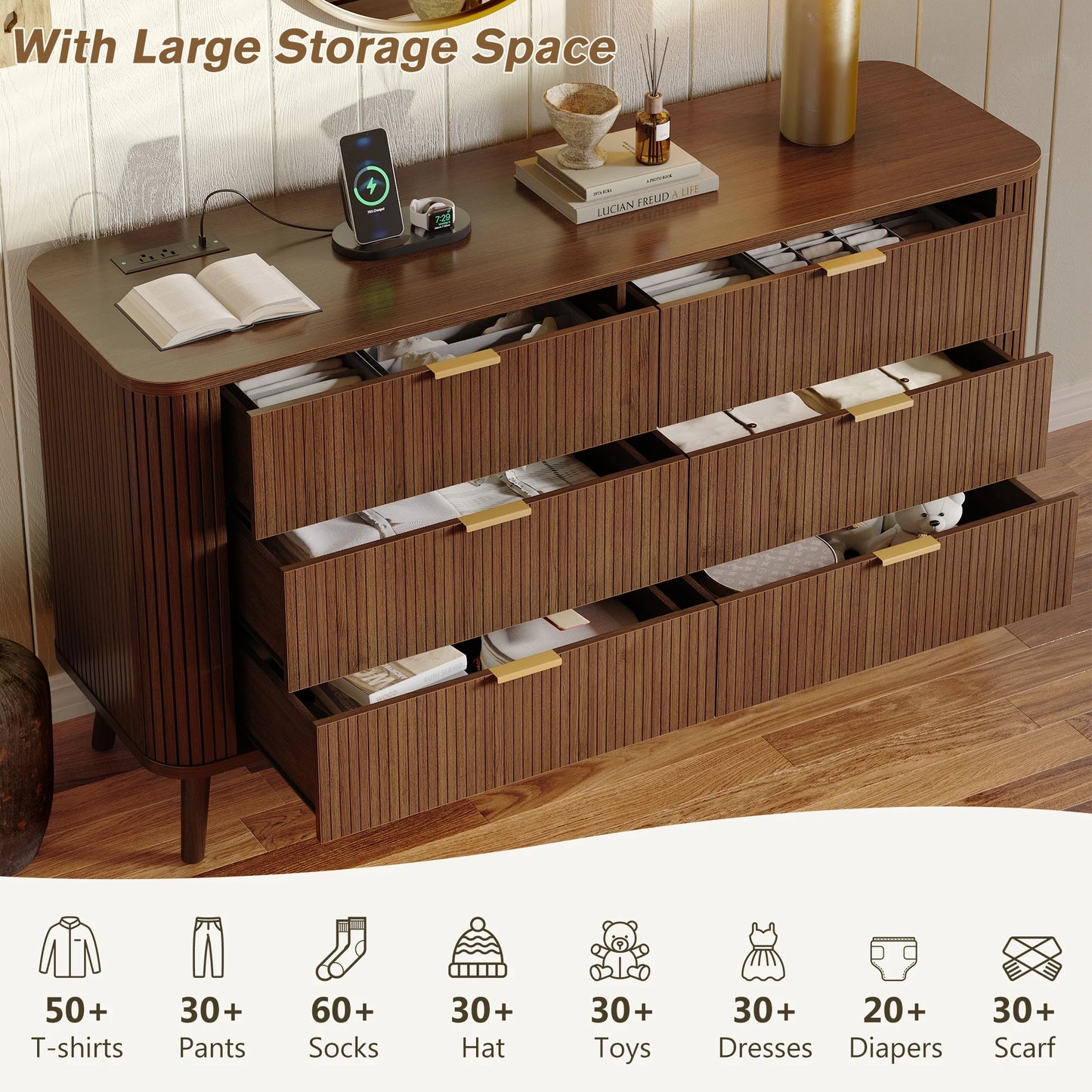Mid-Century Modern Bedroom Dresser, 57" Wide Fluted 6 Drawer Dresser, Wood Dresser with Curved Profile Design for Closet, Bedroom Living Room, Hallway, Entryway, Home Office (Walnut, 6 Drawers)