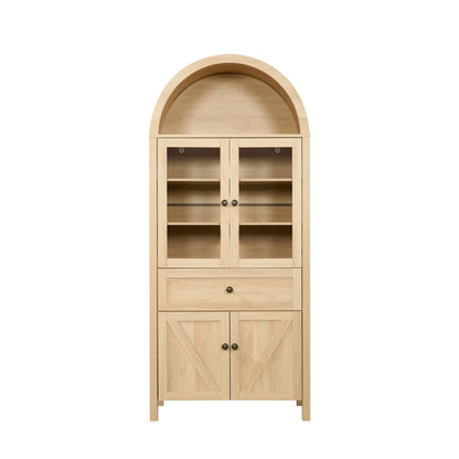 Lisonu 72" Arched Bookcase with Doors, Tall Dome Display Cabinet with Storage for Living Room or Home Office, Natural