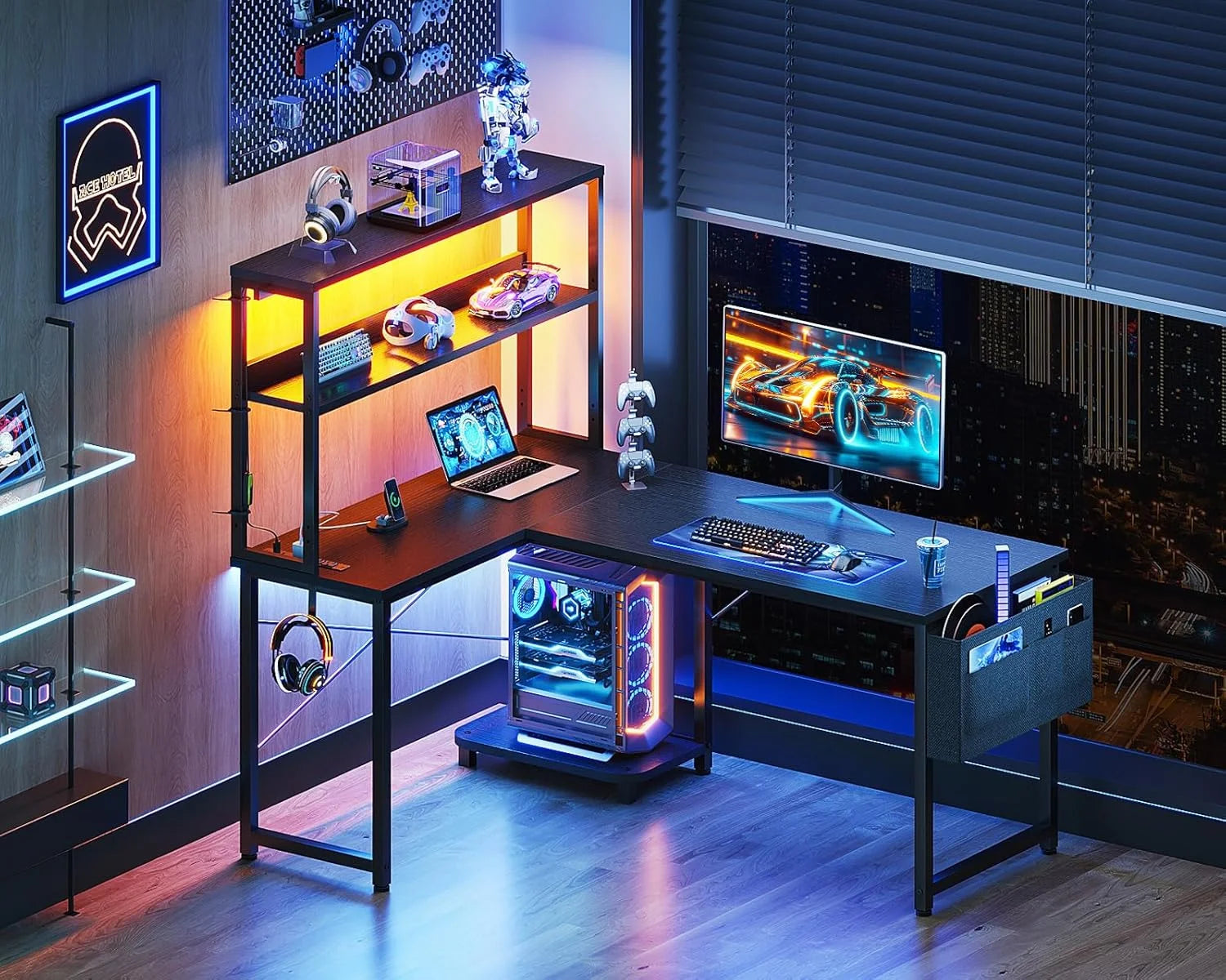 Gaming Desk with Power Outlets & LED Lights, 43 Inch Reversible L Shaped Computer Desk with Shelves & Storage Bag, Corner Desk for Home Office, Black