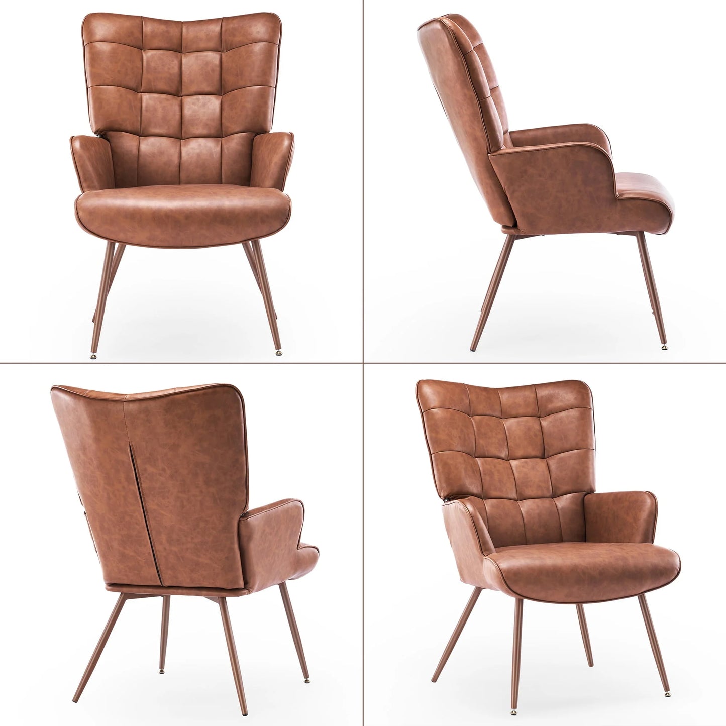 Unikome Livingroom Chairs Mid-Century Modern Accent Chair, Faux Leather Wingback Accent Chair PU Leather Accent Chair for Home Office/Living Room/Bedroom, Brown