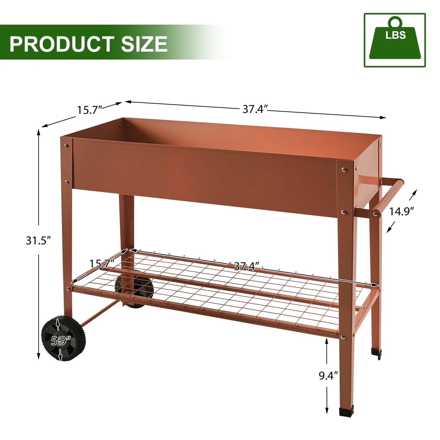EXCITED WORK Brown Mobile Metal Raised Garden Bed, Outdoor/Indoor Garden Pots with Handles, Wheels and Shelves for Vegetables Flowers Fruits Apartment Patio Stand-37.4 inches Long