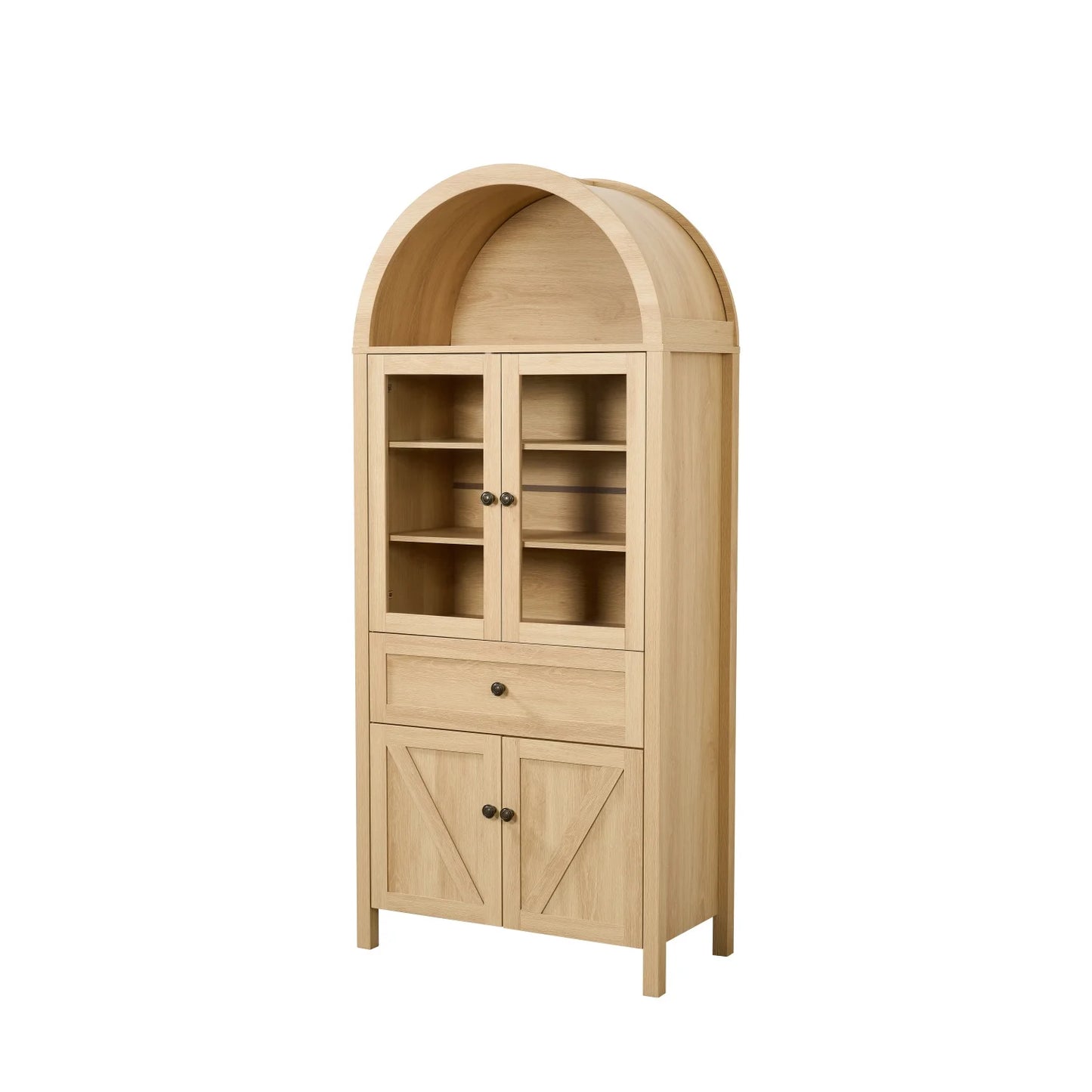 Lisonu 72" Arched Bookcase with Doors, Tall Dome Display Cabinet with Storage for Living Room or Home Office, Natural
