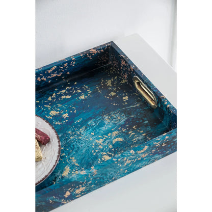 A& B Home Decorative Tray with Handles - Modern Minimalist Style Faux Leather Set of 2 Perfume Tray for Ottoman Couch Centerpiece Table Decor, Blue