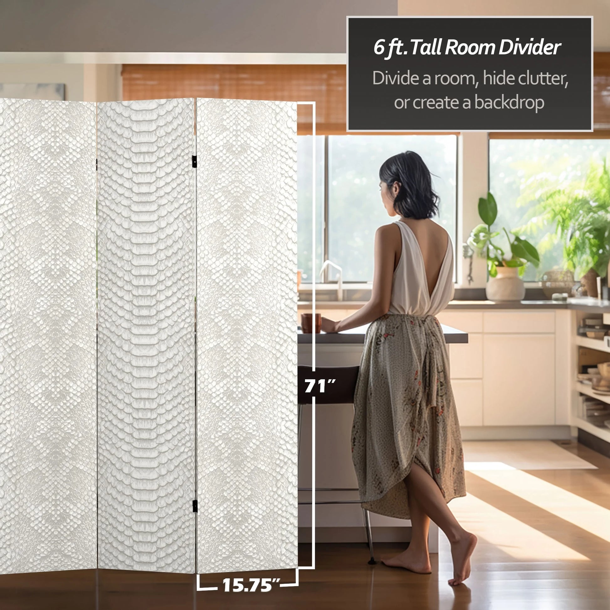 Oriental Furniture 6 ft. Tall White Snake Print Canvas Room Divider - 3 Panel