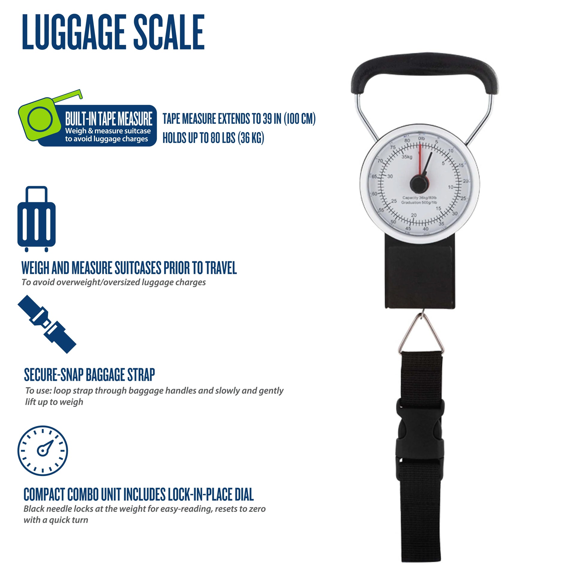 Protege Manual Travel Luggage Scale with Strap, 80lb Capacity, Metal - (4.5 x 3 x 1.2")