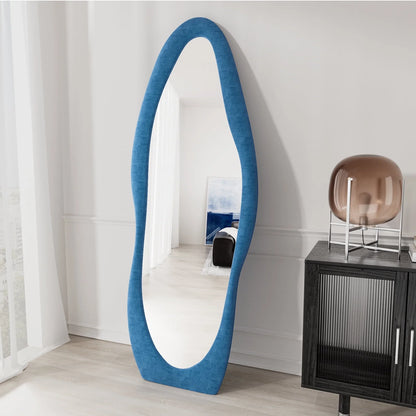 VLUSH Irregular Full Length Mirror, Floor Mirror Hanging & Leaning, 63"x24" Wavy Wall Mirror (Blue)