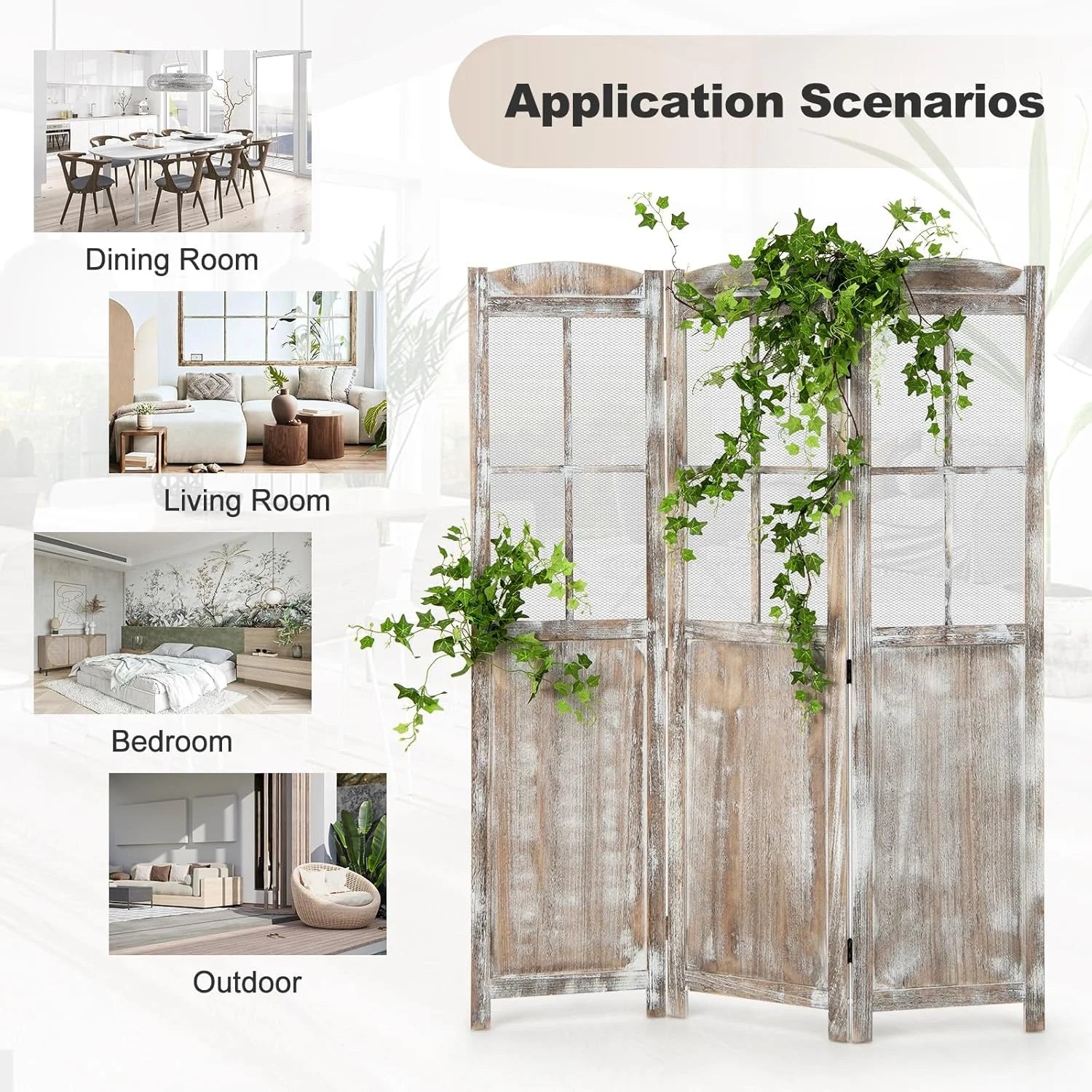 GOFLAME 3-Panel Folding Room Divider, 6FT Paulownia Wood Privacy Screen with Mesh Window, Natural Rustic Freestanding Wall Divider Partition for Room Separation, No Assembly Required