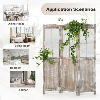 GOFLAME 3-Panel Folding Room Divider, 6FT Paulownia Wood Privacy Screen with Mesh Window, Natural Rustic Freestanding Wall Divider Partition for Room Separation, No Assembly Required