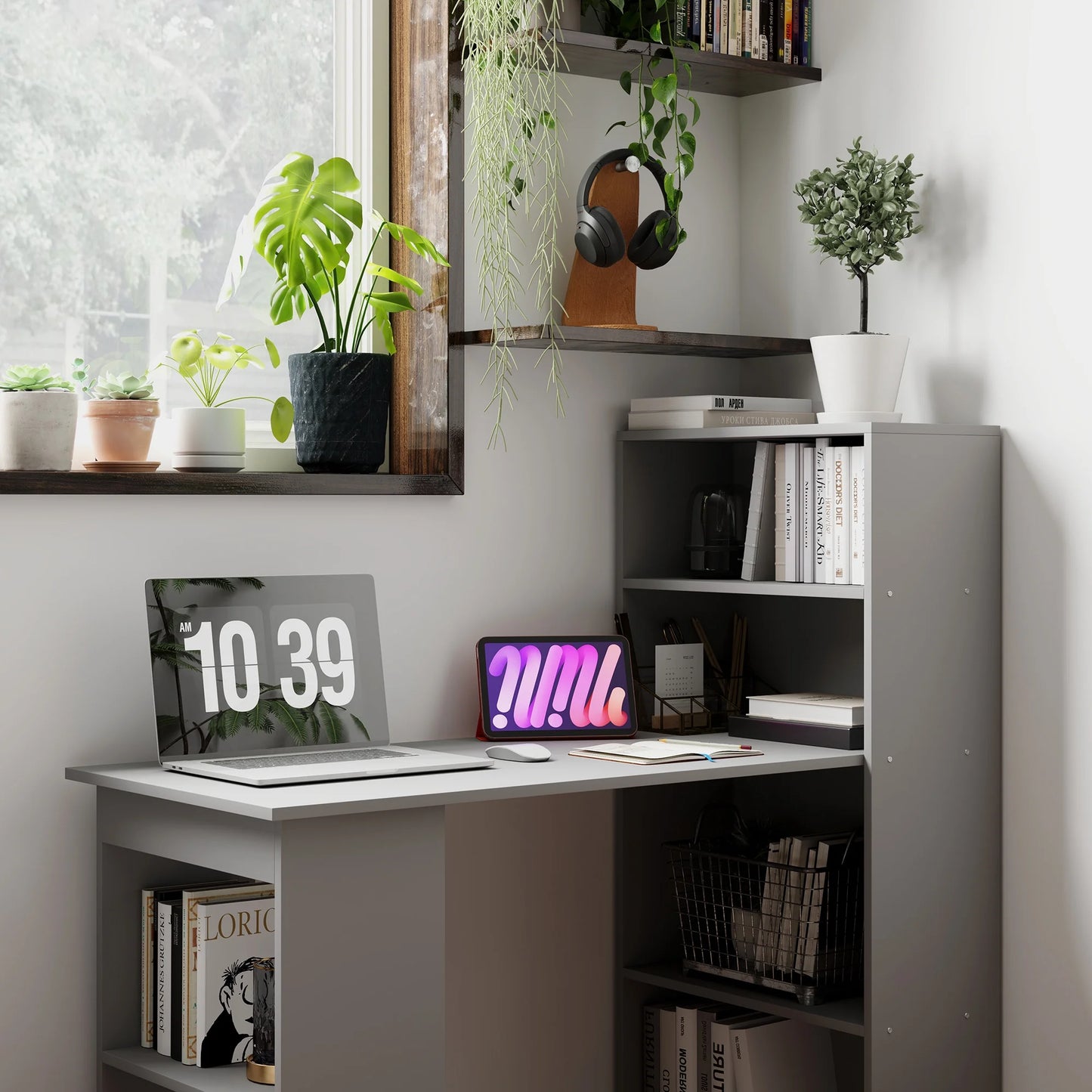 HOMCOM Modern Compact Computer Desk with 6-Tier Storage Shelves, Writing Table Workstation with Bookshelf for Home Office, Gray