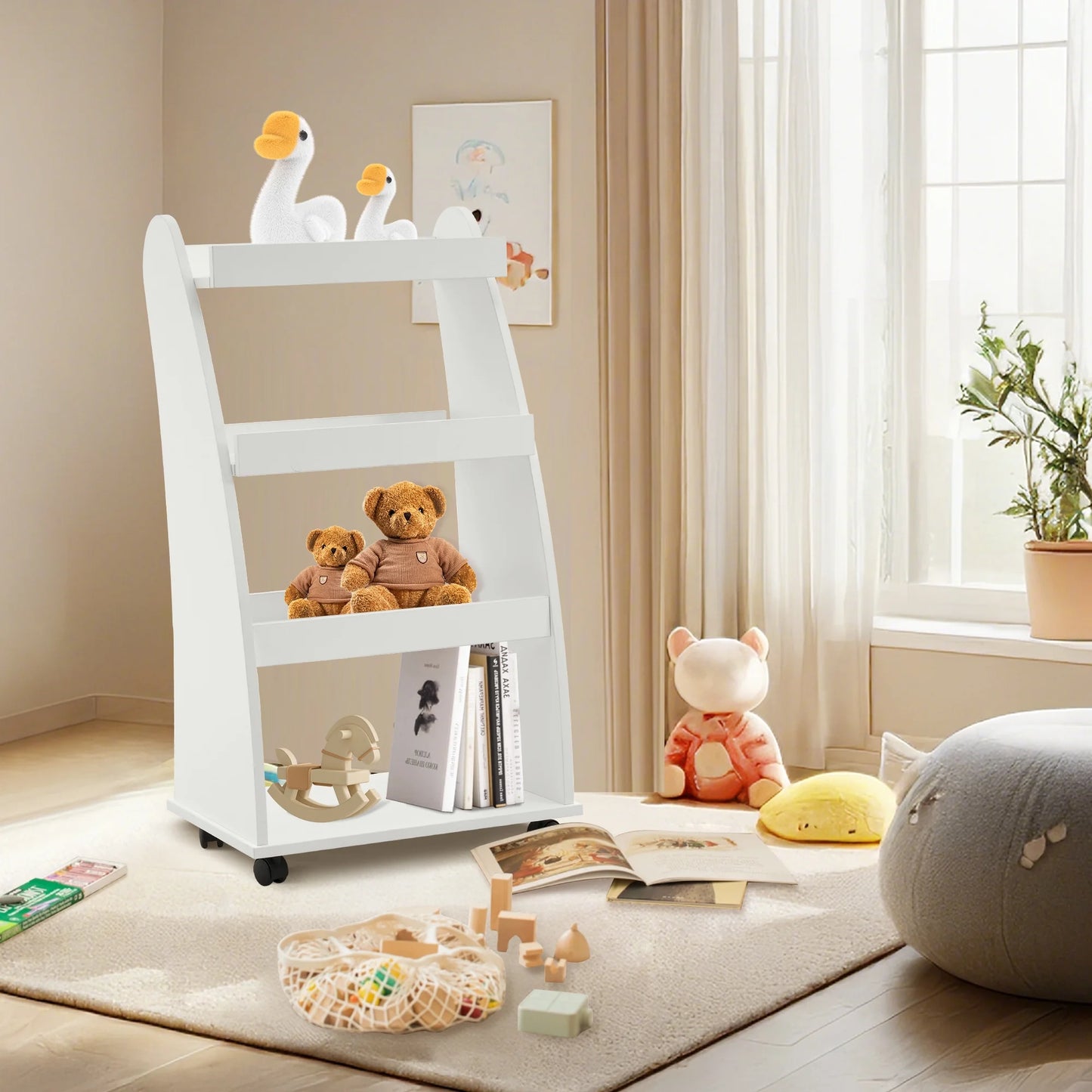 BarberPub Kids Bookshelf with Wheels, 4-Tier Rolling Cart with Storage, Book Organizer, Children's Bookcases with Shelves for Nursery, Playroom, Bedroom 2030