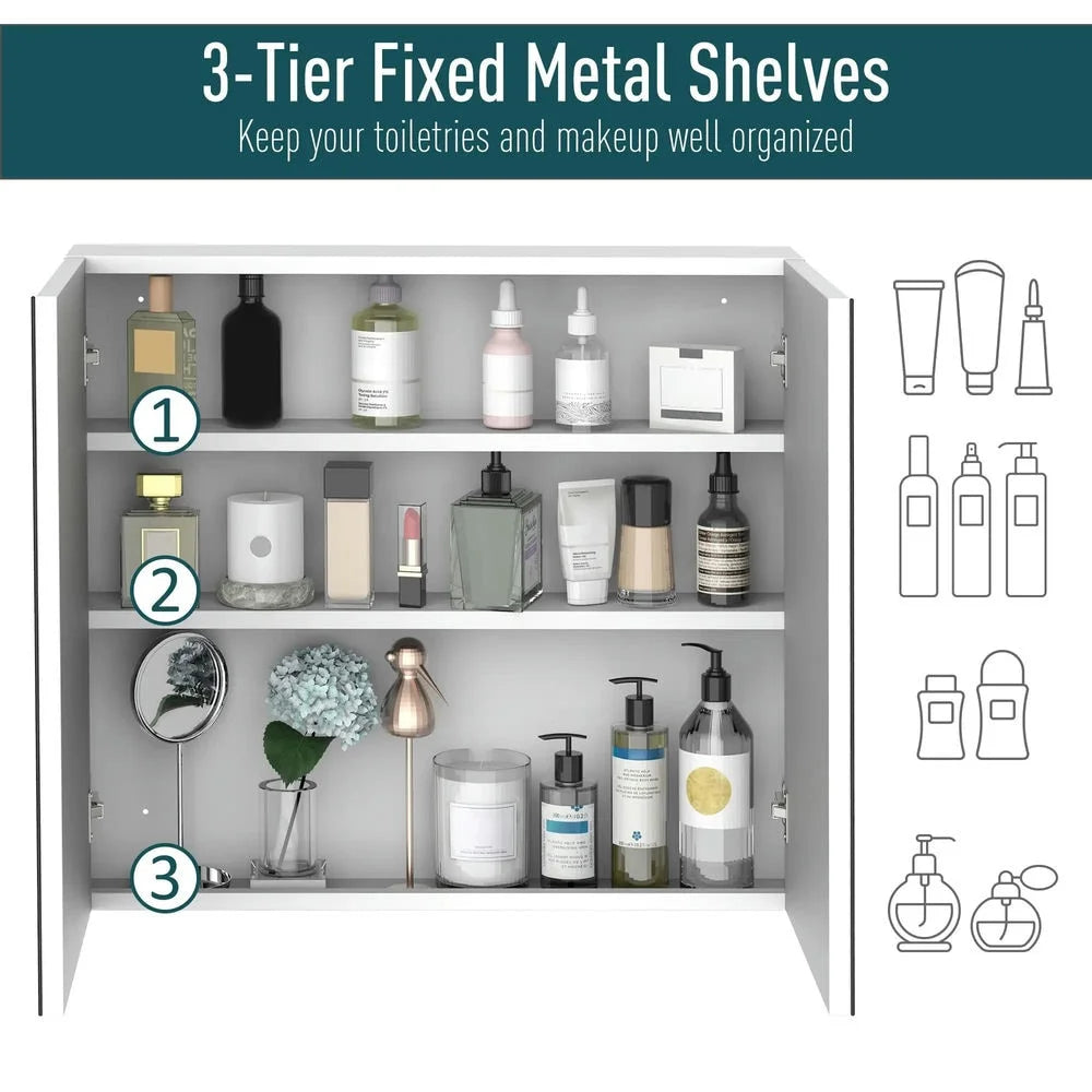 Topcobe Bathroom Mirrored Cabinet, 24"x22" Steel Frame Medicine Cabinet, Wall-Mounted Storage Organizer with Double Doors, Modern Furniture for Bathroom, White