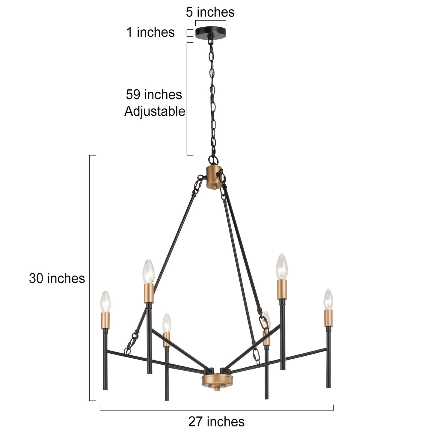 Alestair Modern Transitional Classic Candle Chandelier Black Gold Metal Farmhouse Pendant for Foyer Black& Brass D27" x H30" Adjustable,25 to 36 Inches