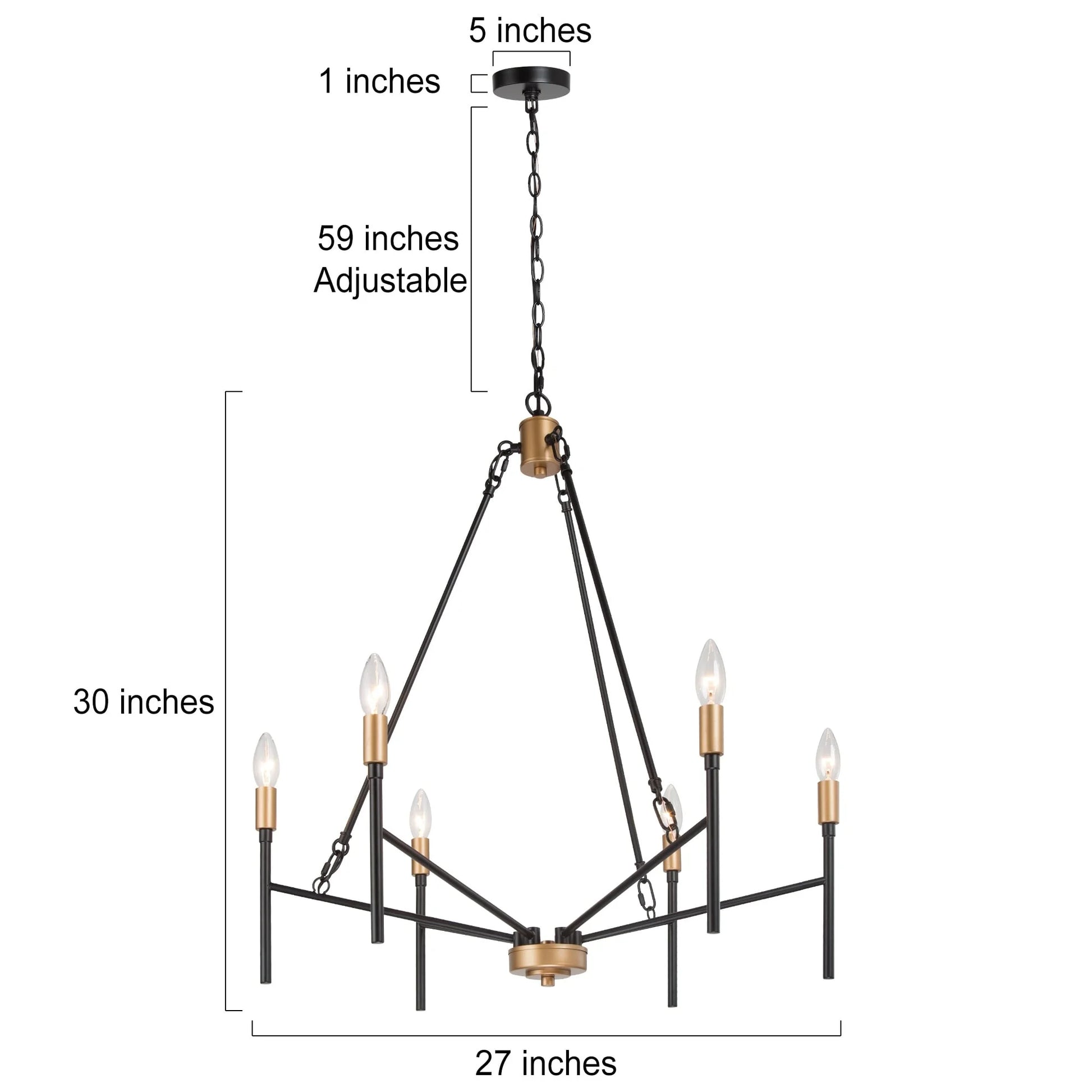 Alestair Modern Transitional Classic Candle Chandelier Black Gold Metal Farmhouse Pendant for Foyer Black& Brass D27" x H30" Adjustable,25 to 36 Inches