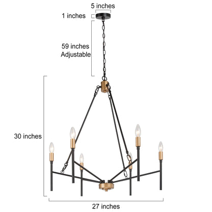 Alestair Modern Transitional Classic Candle Chandelier Black Gold Metal Farmhouse Pendant for Foyer Black& Brass D27" x H30" Adjustable,25 to 36 Inches