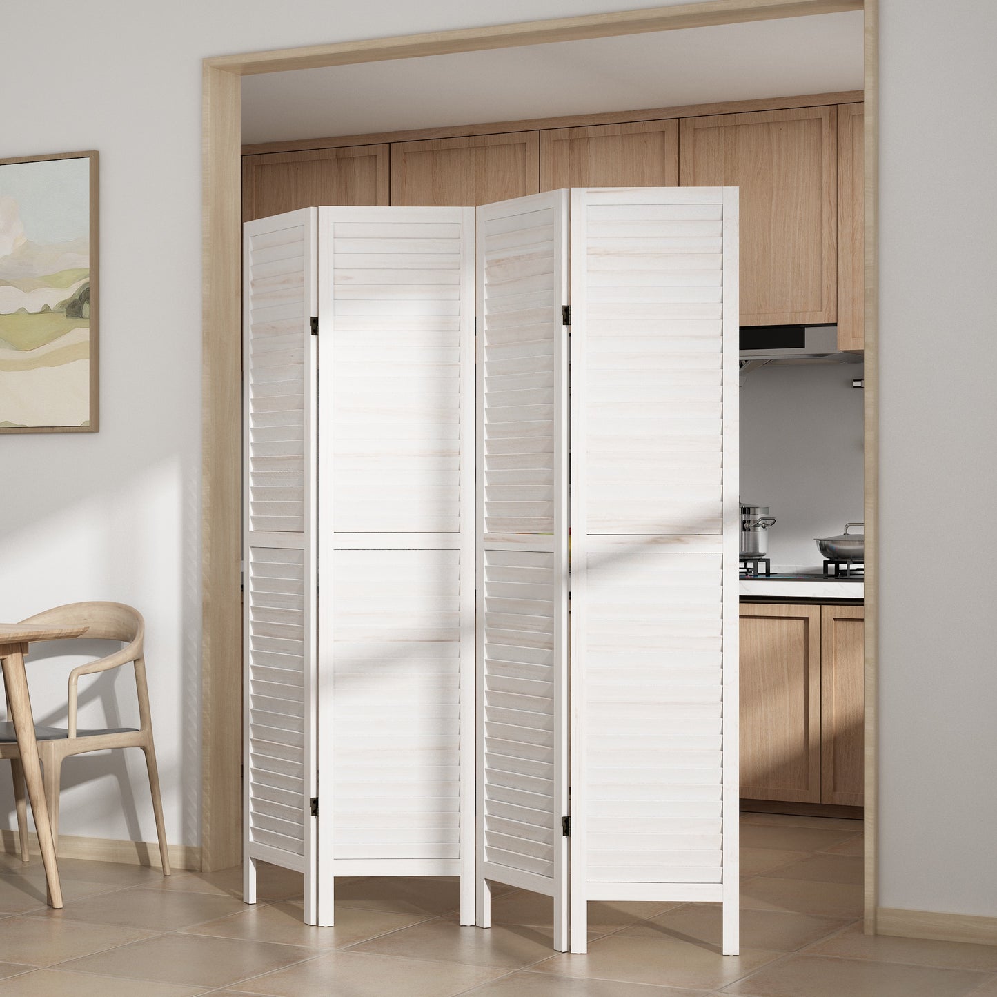 Jaxpety 4 Panel Room Divider Folding Privacy Screen Louvered Partial Partition, Aged White