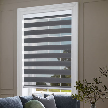 Zebra Cordless Window Blinds, Dual Layered Light Filtering Roller Shades, Easy Install Blinds, Indoor Home Decor, Pull-Down Shades for Windows, Light Control for Day & Night, White, 66"W X 72"H