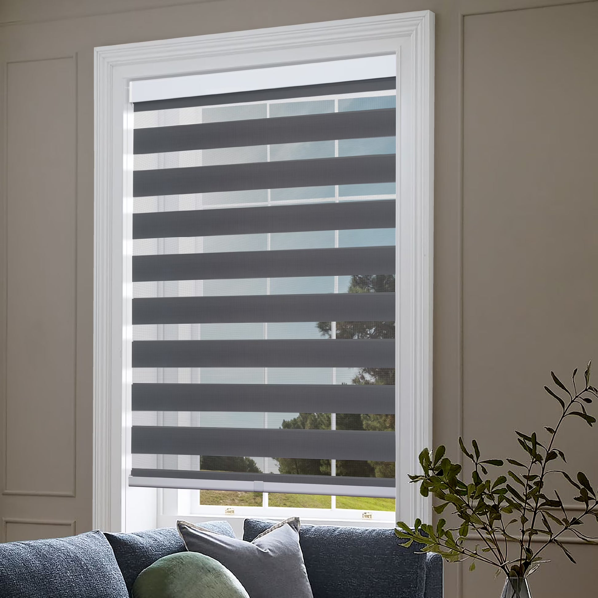 Zebra Cordless Window Blinds, Dual Layered Light Filtering Roller Shades, Easy Install Blinds, Indoor Home Decor, Pull-Down Shades for Windows, Light Control for Day & Night, Black, 22"W X 72"H