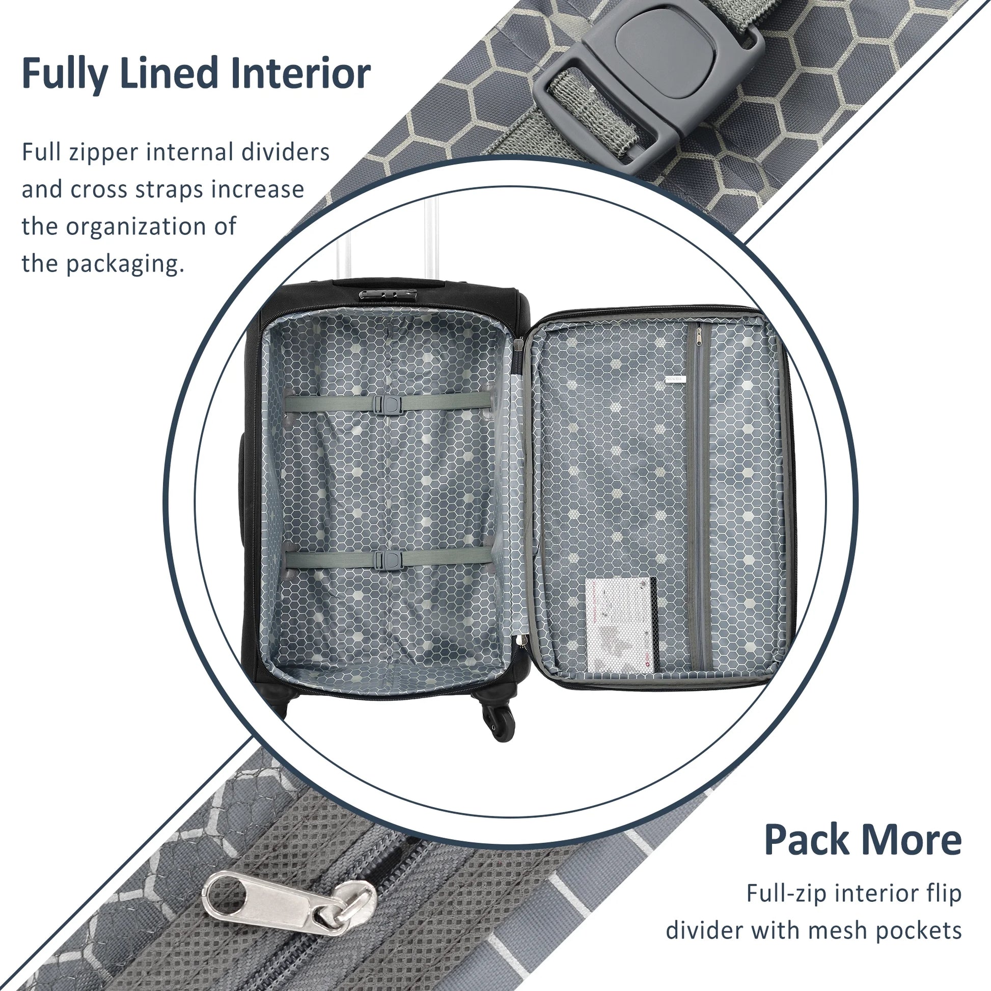 EUROCO 3 Piece Softside Luggage Set,Expandable Suitcase Set with TSA Lock and Spinner Wheels,Lightweight Suitcase for Men Women(20",24",28"),Black