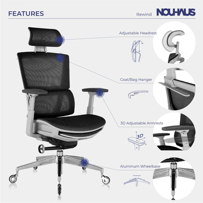 Nouhaus Rewind Ergonomic Office Chair with Footrest and Lumbar Support. Swivel Computer Chair, Rolling Home Office Desk Chairs with Wheels, Mesh High Back Task Chair, Comfortable Office Chair