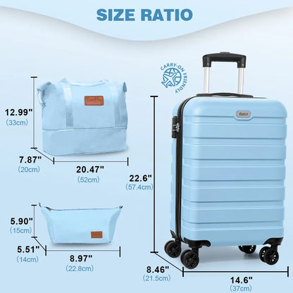3 Pieces Luggage Sets(20"carry on+bags),PC+ABS Hardshell Lightweight Suitcase with TSA Lock,LightBlue