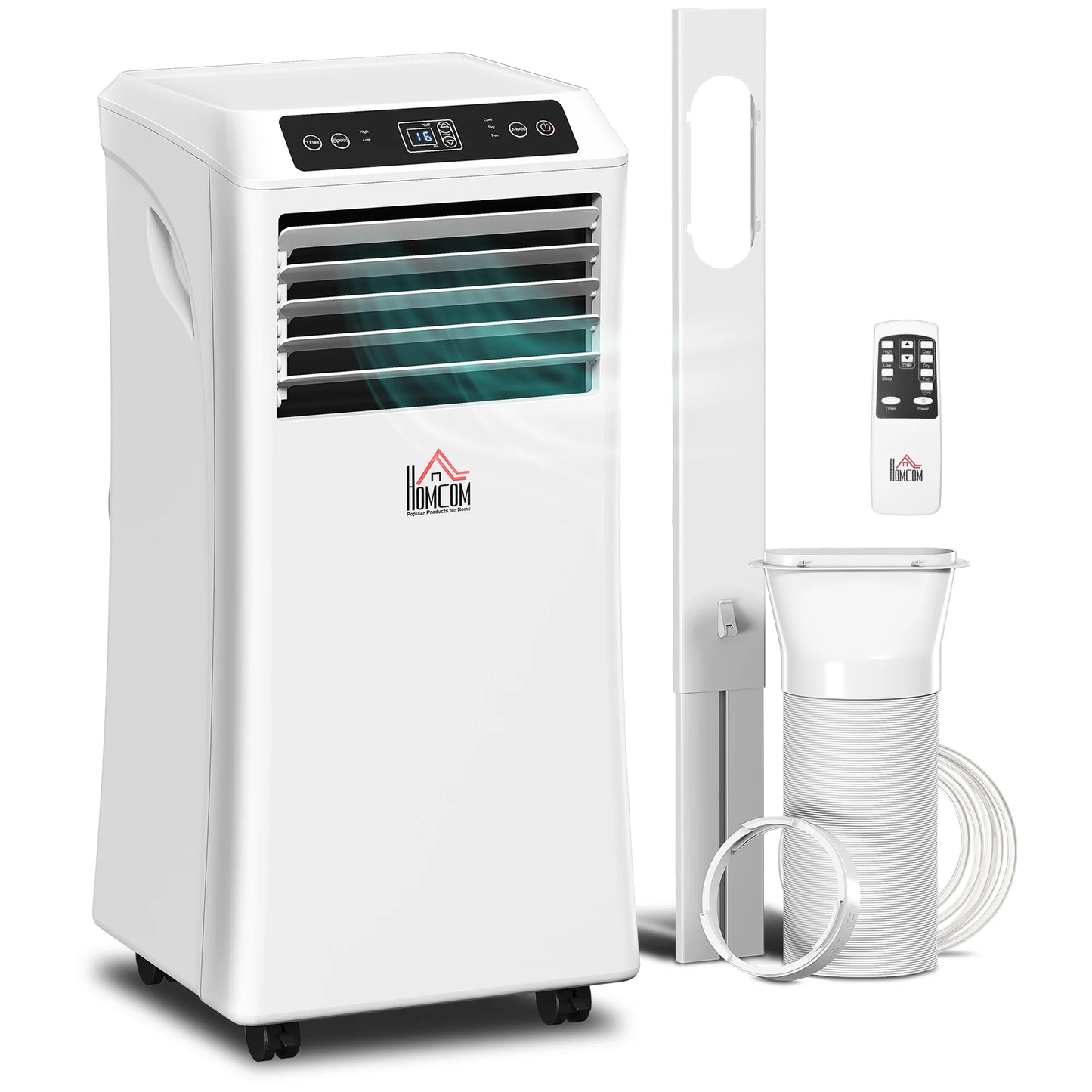 HOMCOM 8000 BTU Mobile Portable Air Conditioner with Cooling, Dehumidifier, and Ventilating with Remote Control, 2 Speed Fans, 24-Hour Timer for Bedroom, Living Room, Home Office, White