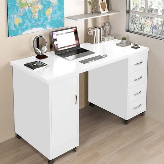 Sesslife White Computer Desk, Writing Desk with Lockable WheelsModern Wood Study Desk with 4 Drawers for Home Office Workstation