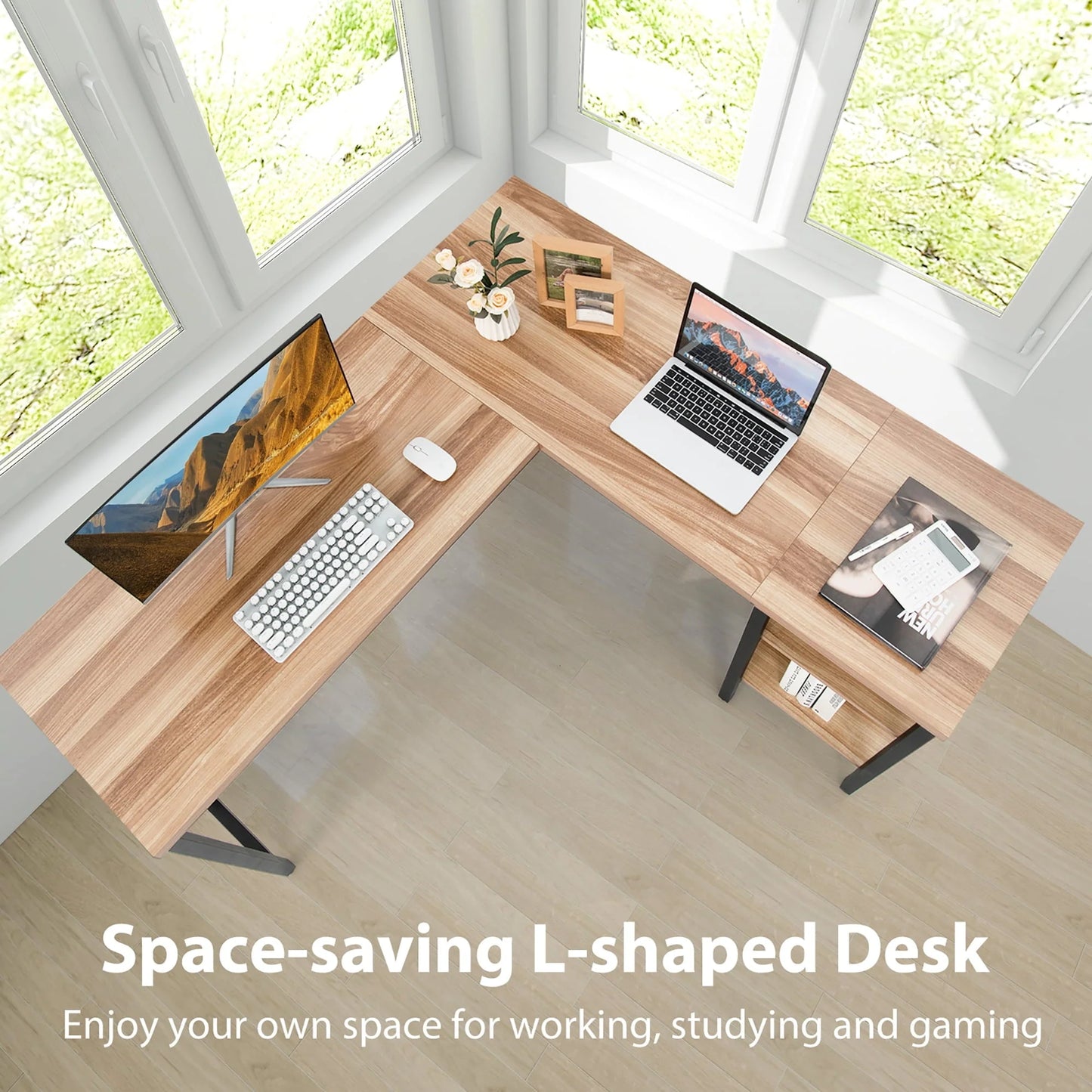 Costway L-Shaped Corner Computer Desk Home Office Workstation w/Storage Shelves Oak
