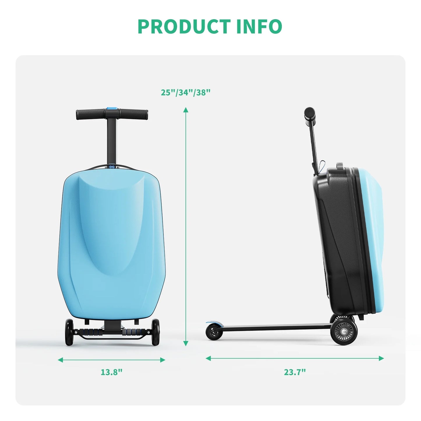 Muhub 2 in 1 Scooter Luggage for Kids and Adult,Foldable Ride on Luggage with Wheels,Light Blue