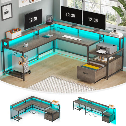 L Shaped Desk with Power Outlet and LED Lights, Corner Computer Desk with File Drawer for Home Office, Gaming Desk, Rustic Brown